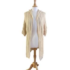 American Eagle Ivory Short Sleeve Hooded Open Knit Open Front Cardigan Duster S